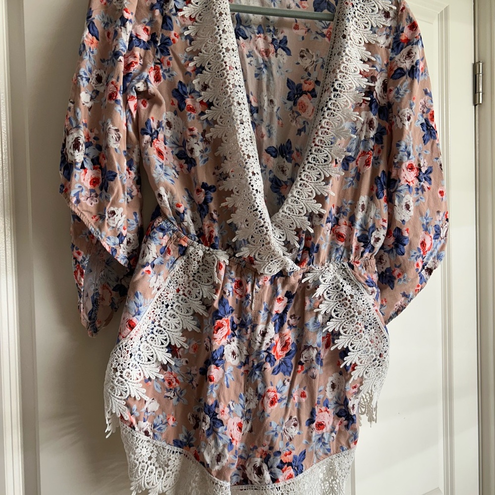 UK2LA Floral Lace Trim Jumpsuit - Pink and Blue